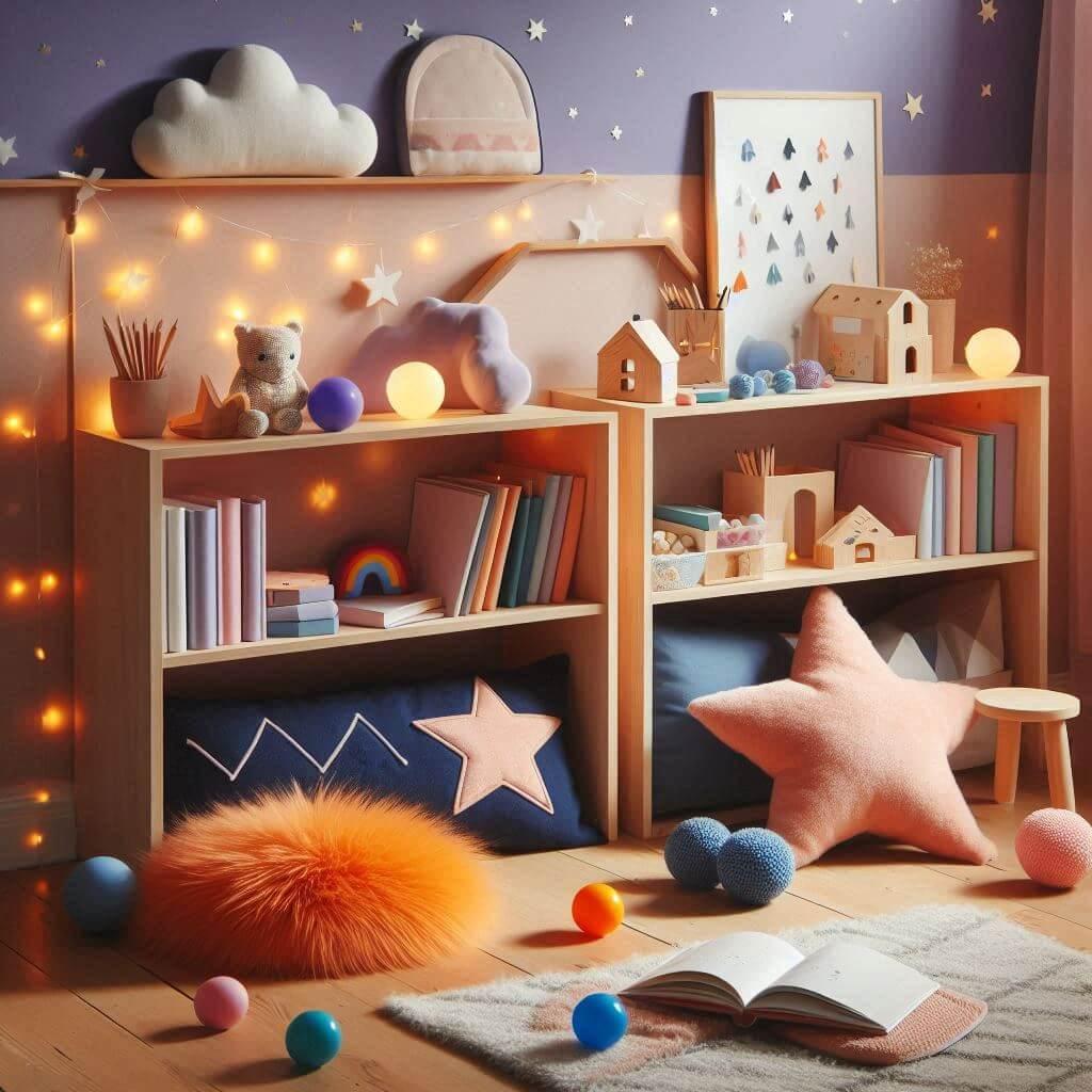 Un coin lecture pour enfant un mur violet pastel des meubles en bois clair et des accessoires en orange doux et bleu marin tapis de fourure en forme de nuage et des livres coussins