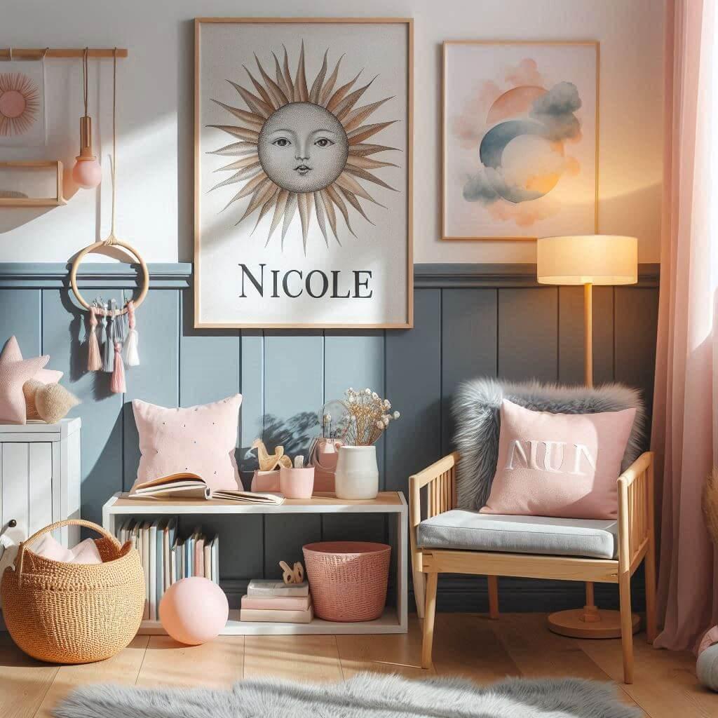 Un coin lecture pour une petite fille un mur bleu pastel et gris des meubles en bois clair des accessoires en rose doux une affiche de soleil dans un cadre un tapis de fourrure le