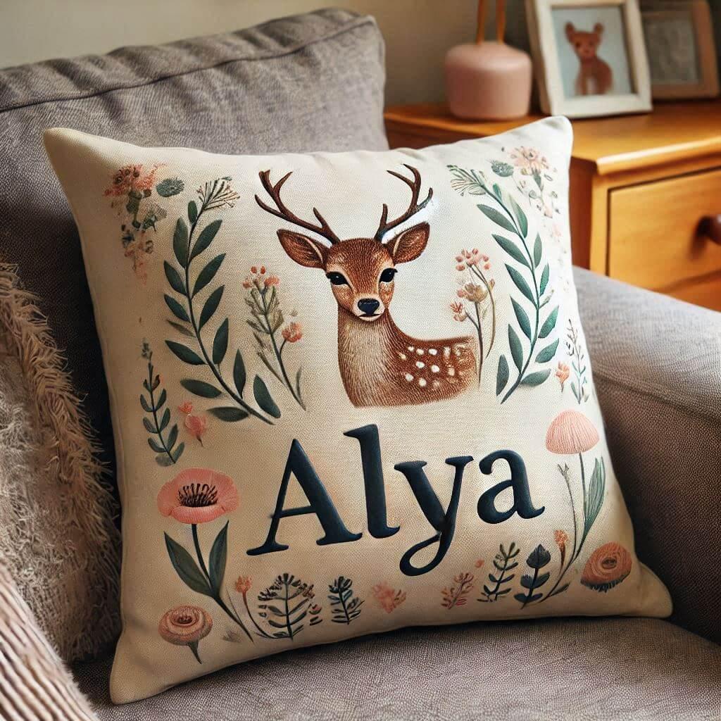 Un coussin personnalise avec le prenom alya couleur taupe motif cerf et fleuri pose sur un canape