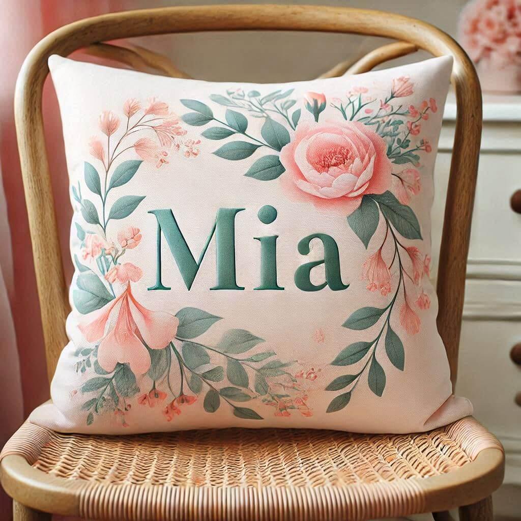 Un coussin personnalise avec le prenom mia couleur rose pastel fleuri et vert deau pose sur une chaise elegant