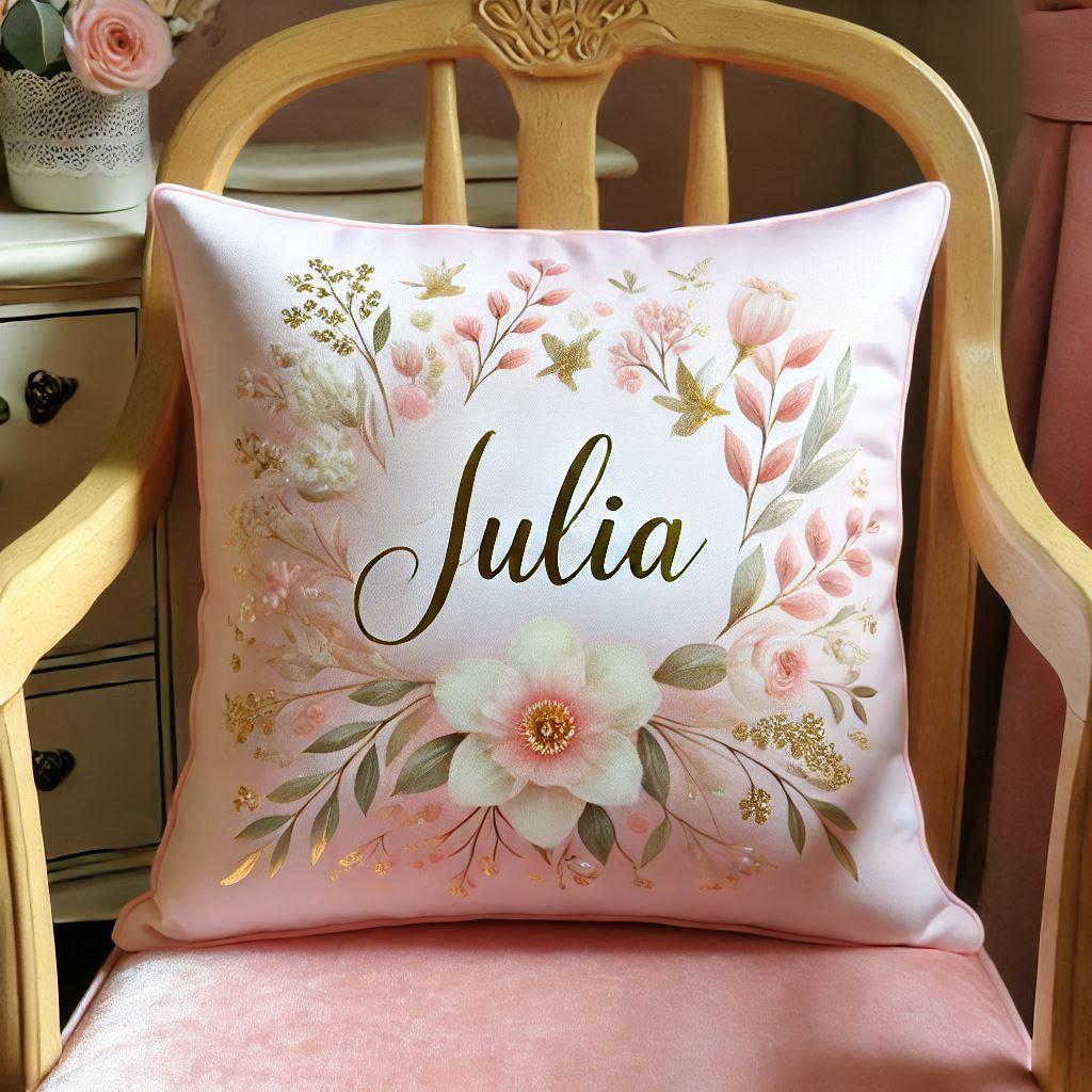 Un coussin personnalisee au prenom de julia couleur rose poudre blanc nacre et dore motif fleuri pose sur une chaise 1