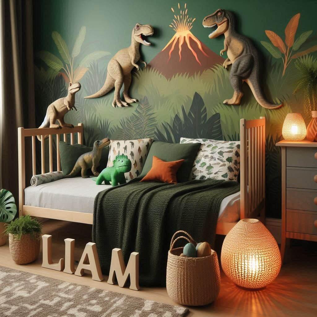 Un decor de chambre d enfant avec un lit simple des draps feuilles des t rex triceratops et volcans pour les petits aventuriers couleurs vert foret marron terre et touches d orange