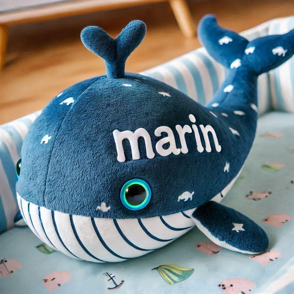 Un doudou baleine avec ecrit marin