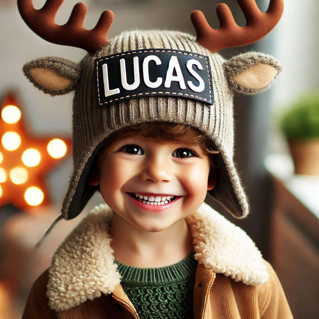 Un enfant souriant avec un bonnet de cerf portant le prenom lucas