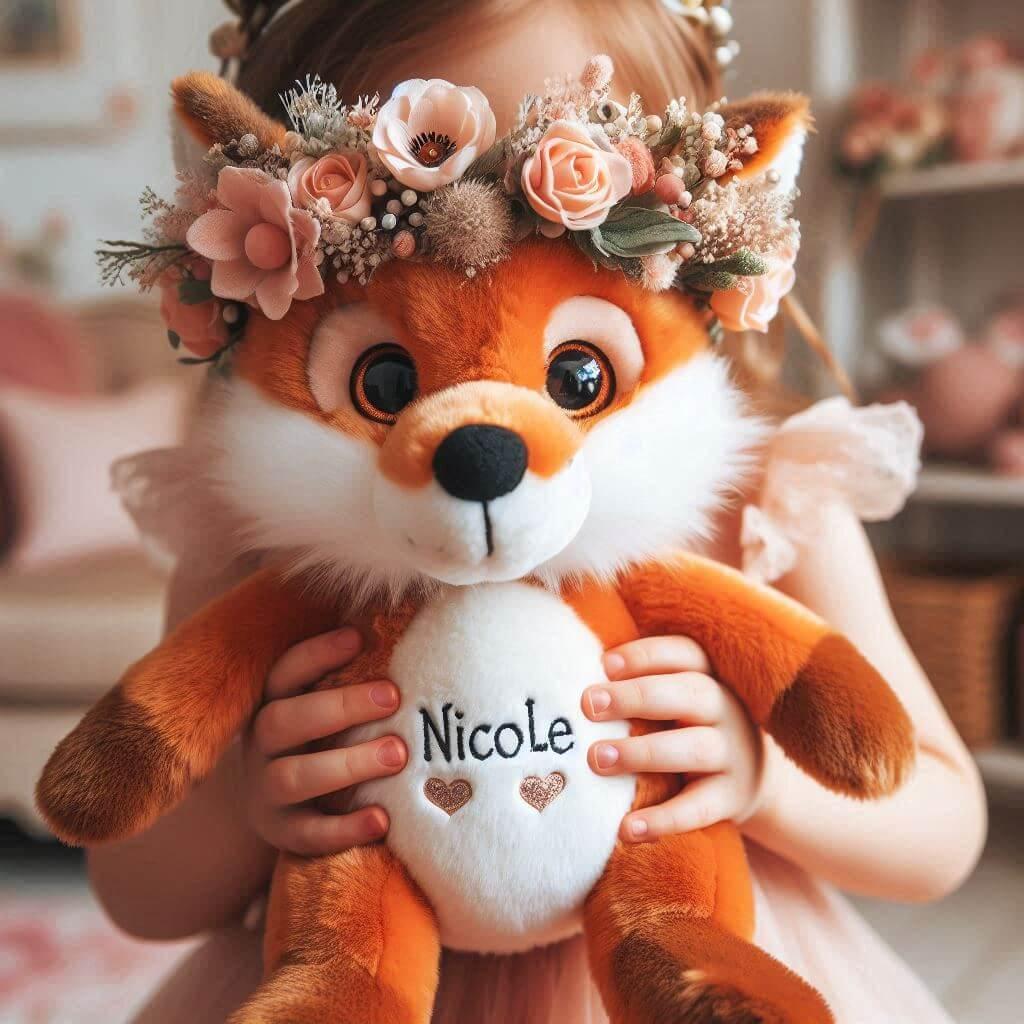 Un enfant tient une peluche renard avec une couronne de fleurs sur la tete avec une inscription personnalisee nicole 1