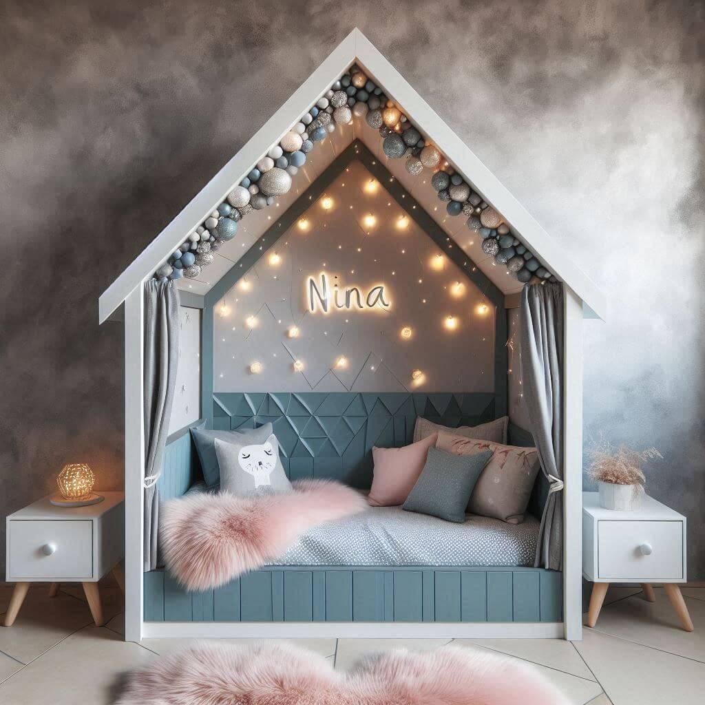 Un lit cabane en forme de maison pour enfant avec un mur argente des accents de bleu canard du mobilier blanc et des touches de rose quartz un ciel de lit gris une guirlande lumine