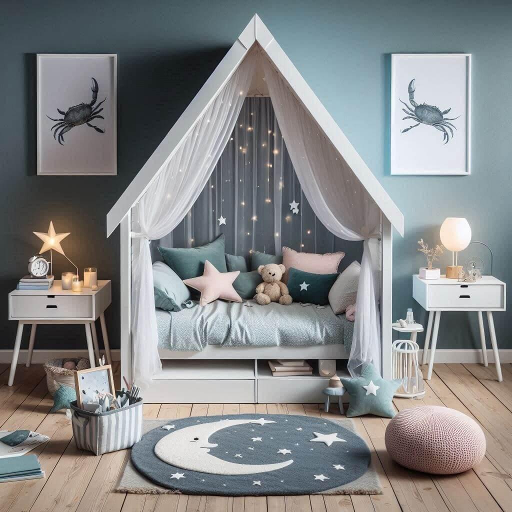 Un lit cabane en forme de maison pour enfant avec un mur argente des accentsde bleu canard du mobilier blanc et des touches de rose quartz ciel de lit gris guirlande lumineuse allu