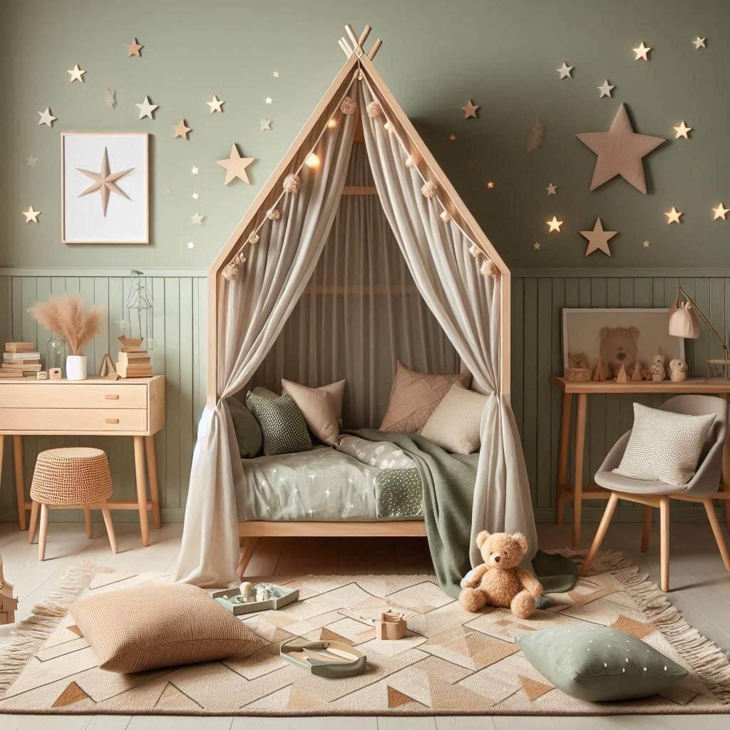 Un lit cabane en forme de maison pour enfant avec un mur vert sauge des accessoires en marron pastel et des touches de beige clair ciel de lit vert pastel guirlande lumineuse allum