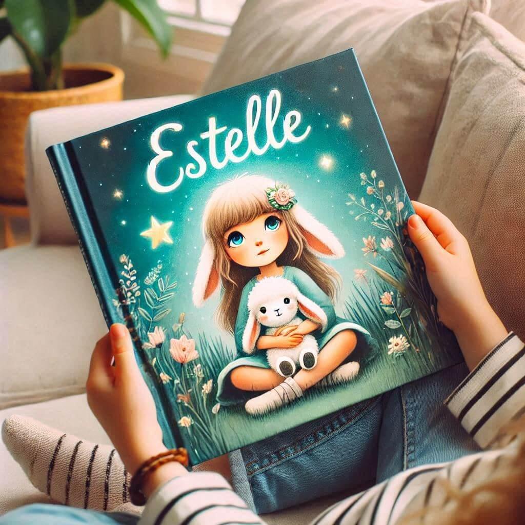 Un livre denfant avec le prenom estelle en couverture dans les mains d une petite fille assise sur un canape 1