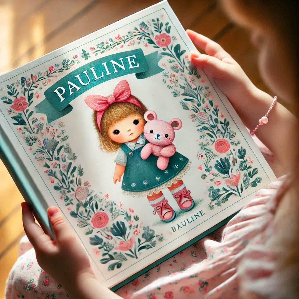 Un livre denfant avec le prenom pauline en couverture dans les mains d une petite fille