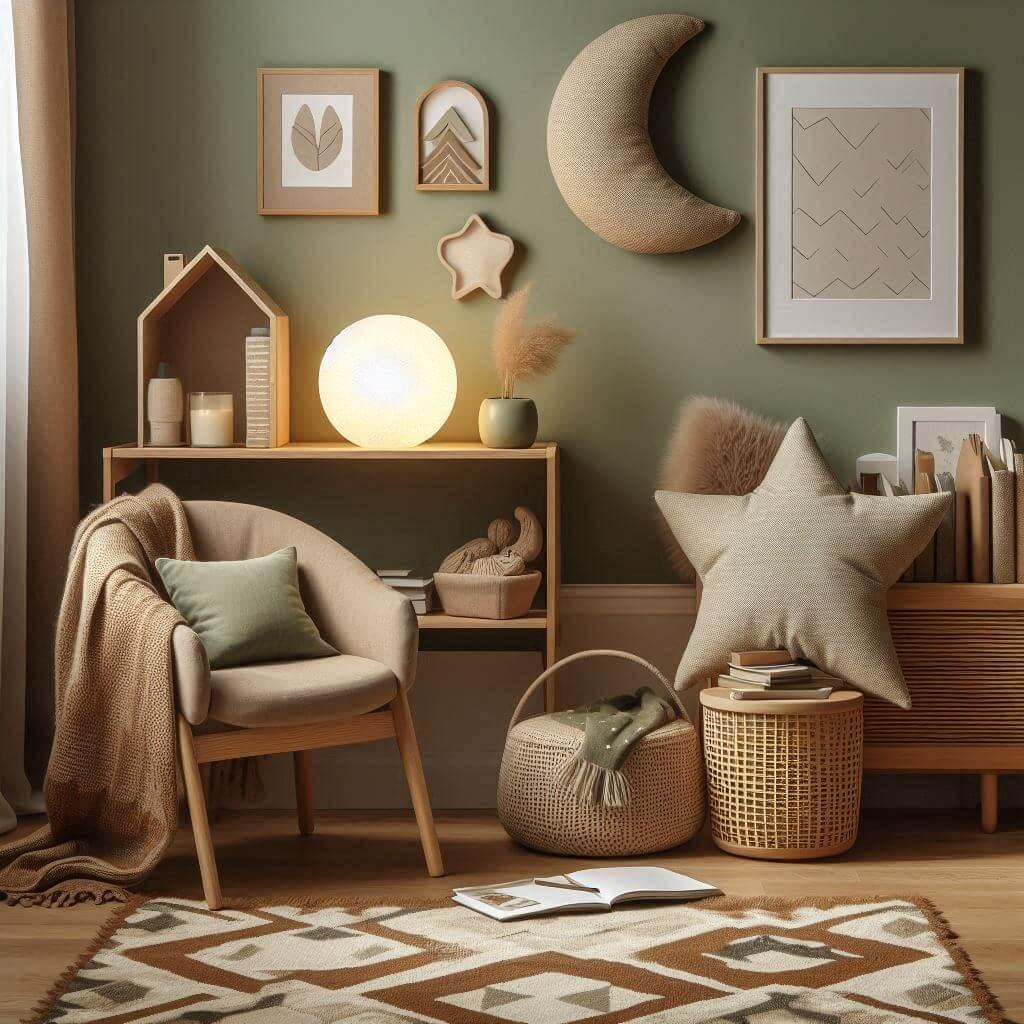 Un mur vert sauge des accessoires marron et des touches de beige clair un tapis aux motifs geometriques des meubles en bois clair avec des livres une petite banquette pour enfant u