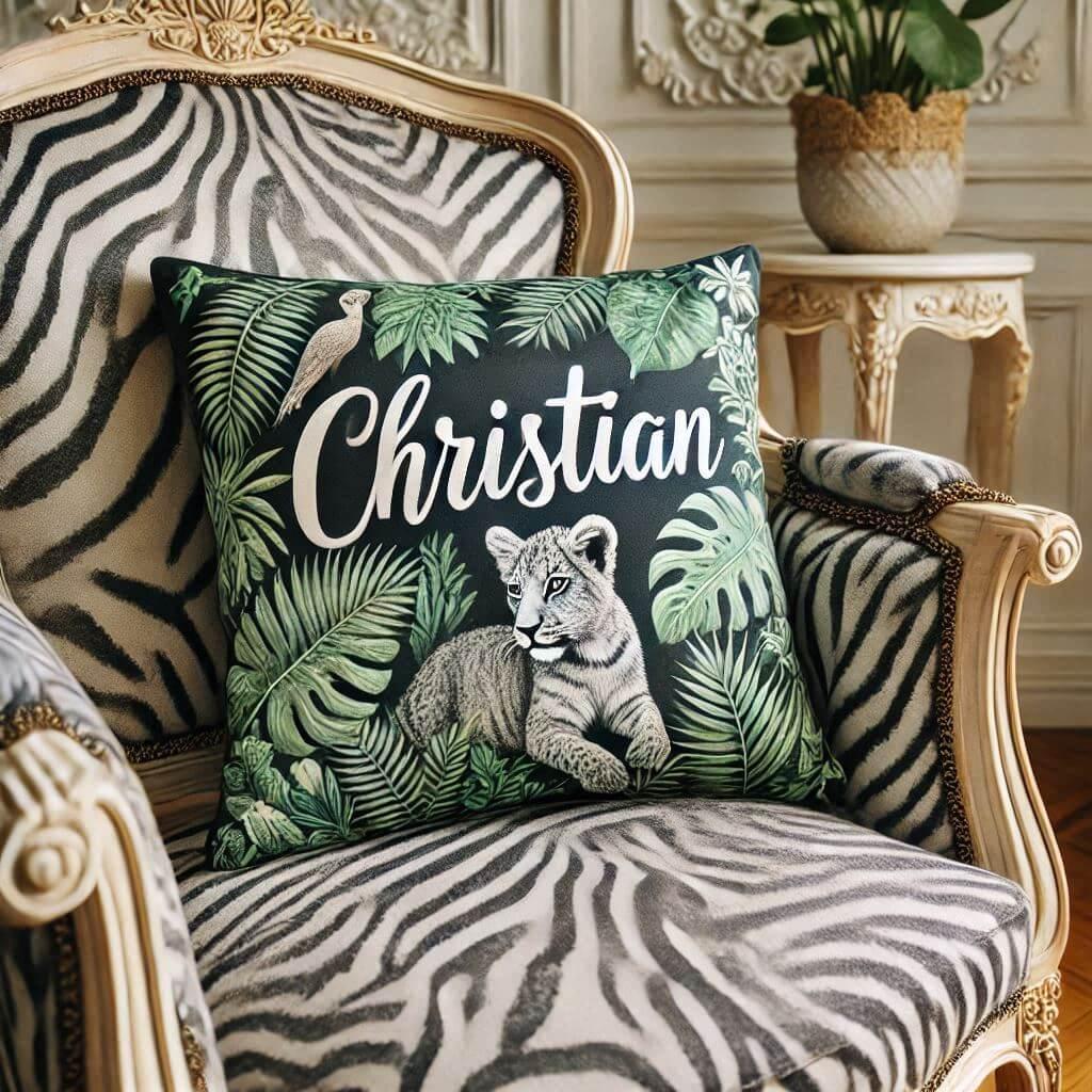 Un oreiller avec le prenom christian motifs jungle pose sur une chaise elegante zebree tres elegant et chic