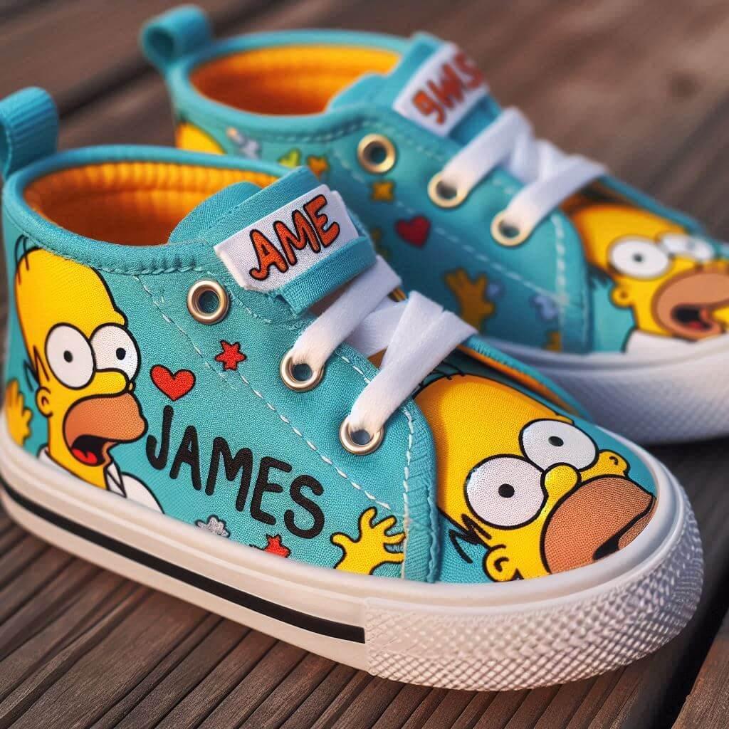 Un prenom james ecrit sur des baskets pour enfant avec des motifs de homer simpson