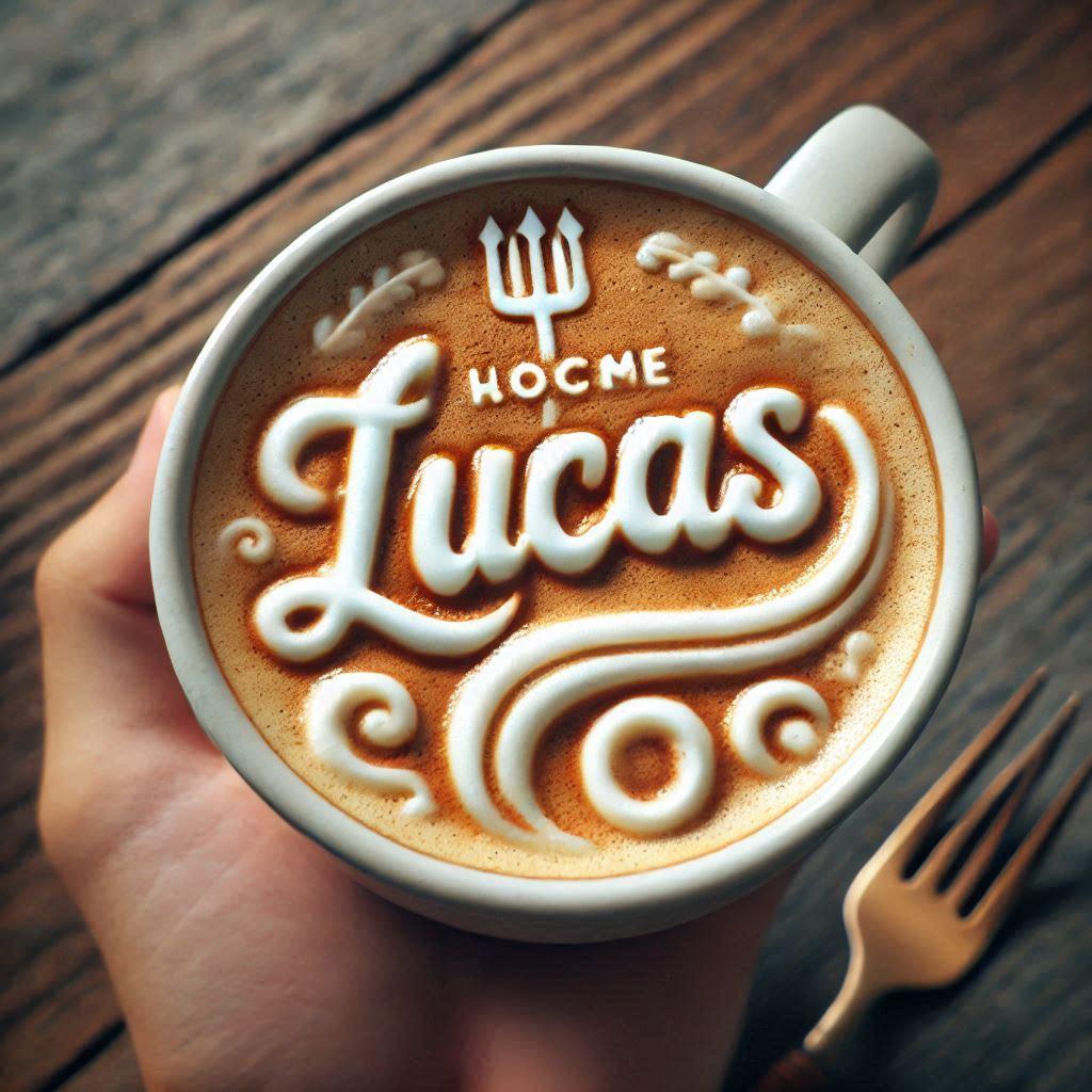 Un prenom lucas dans une tasse a cafe ecrit avec de la mousse