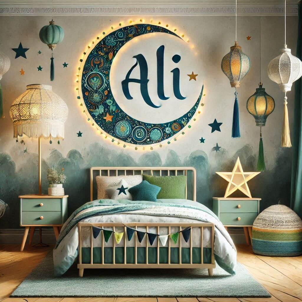 Un theme de decoration pour la chambre dun enfant personnalise avec le prenom ali inspire par lexotisme et lorient avec des tons chauds comme le vert deau le vert fonce et le bleu