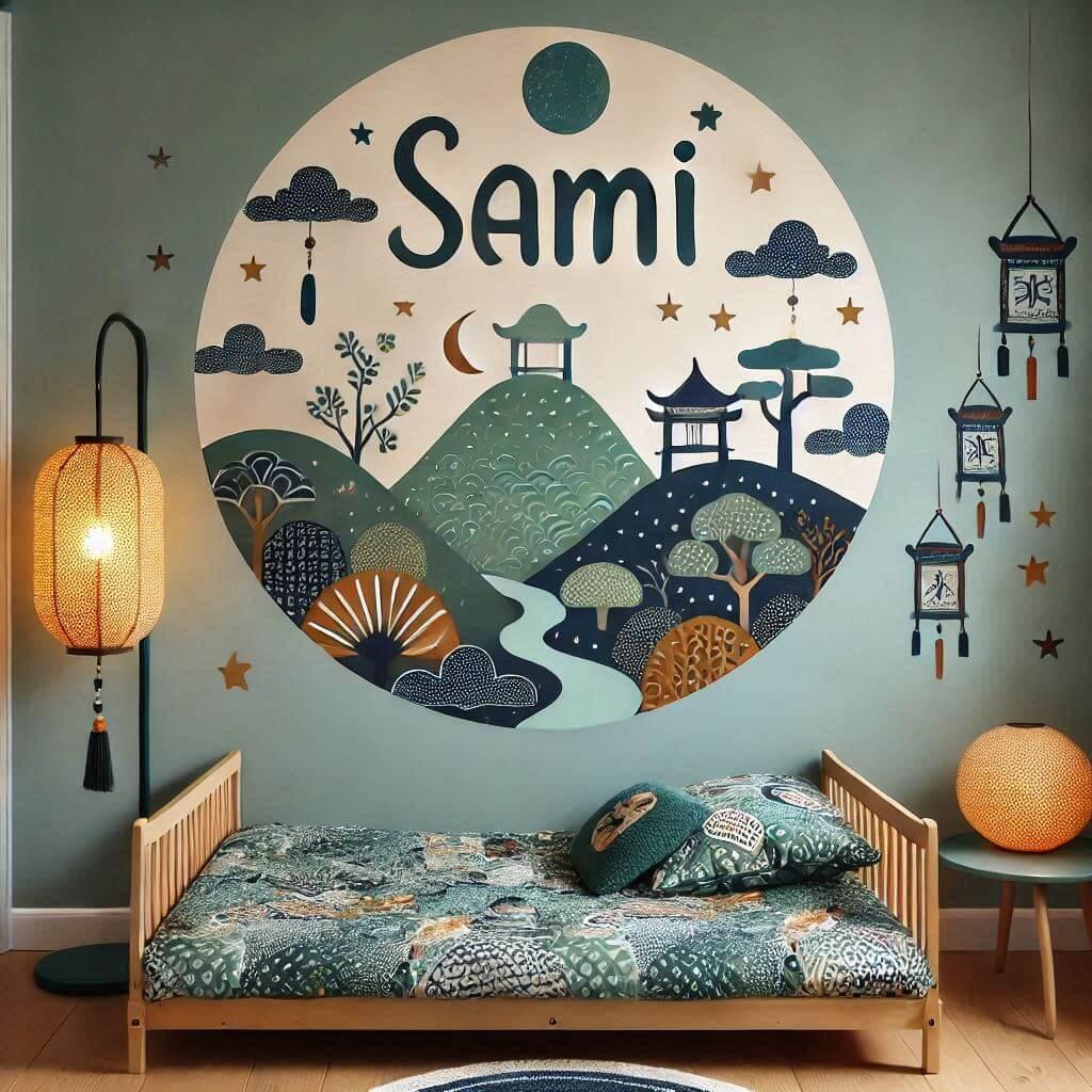 Un theme de decoration pour la chambre dun enfant personnalise avec le prenom sami oriental avec des tons chauds comme le vert deau le vert fonce et le bleu nuit ainsi quun lit ron