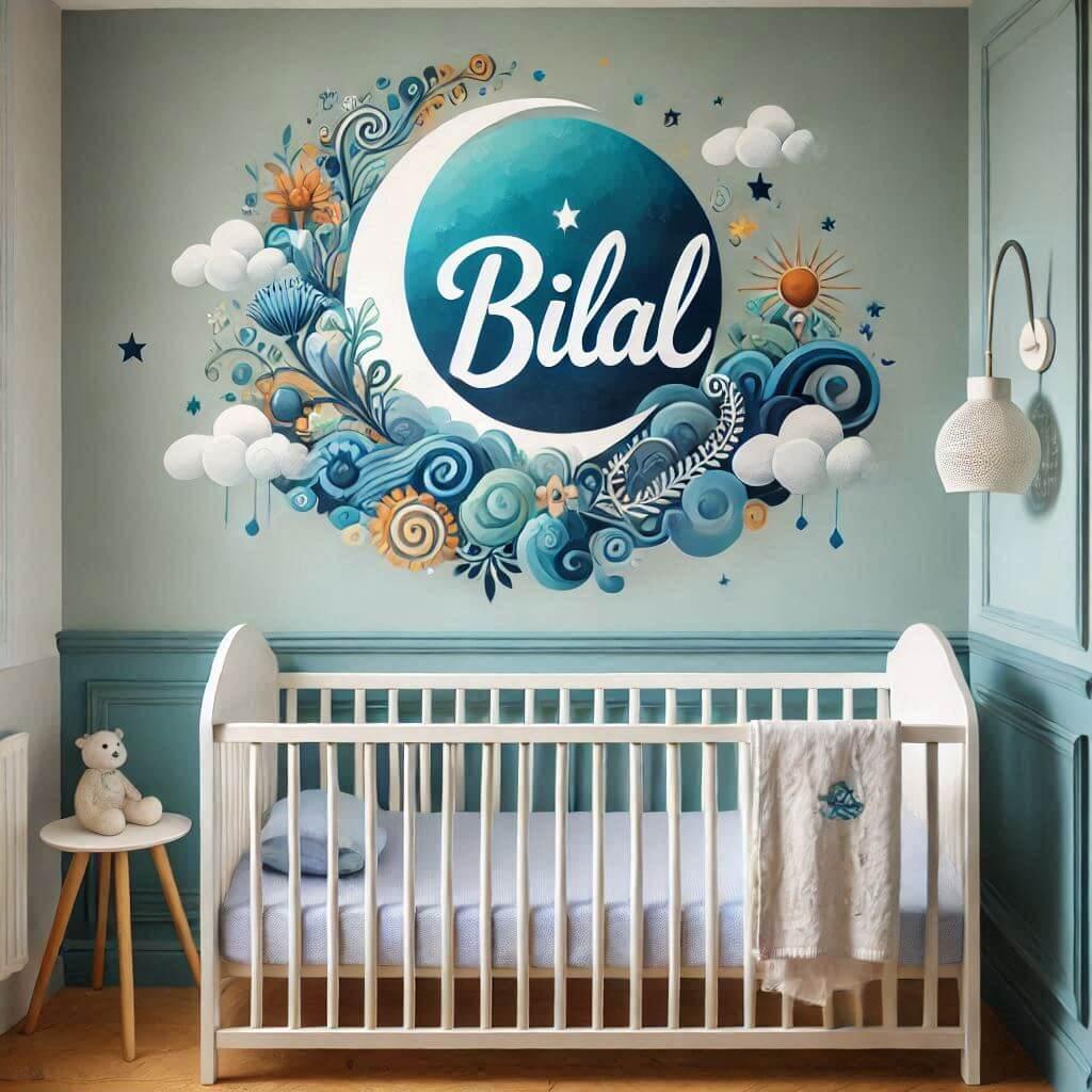 Un theme deco pour une chambre de bebe avec bilal ecrit en francais sur le mur inspire de la symbolique de leau et de la serenite ciel de lit des couleurs apaisantes comme le bleu