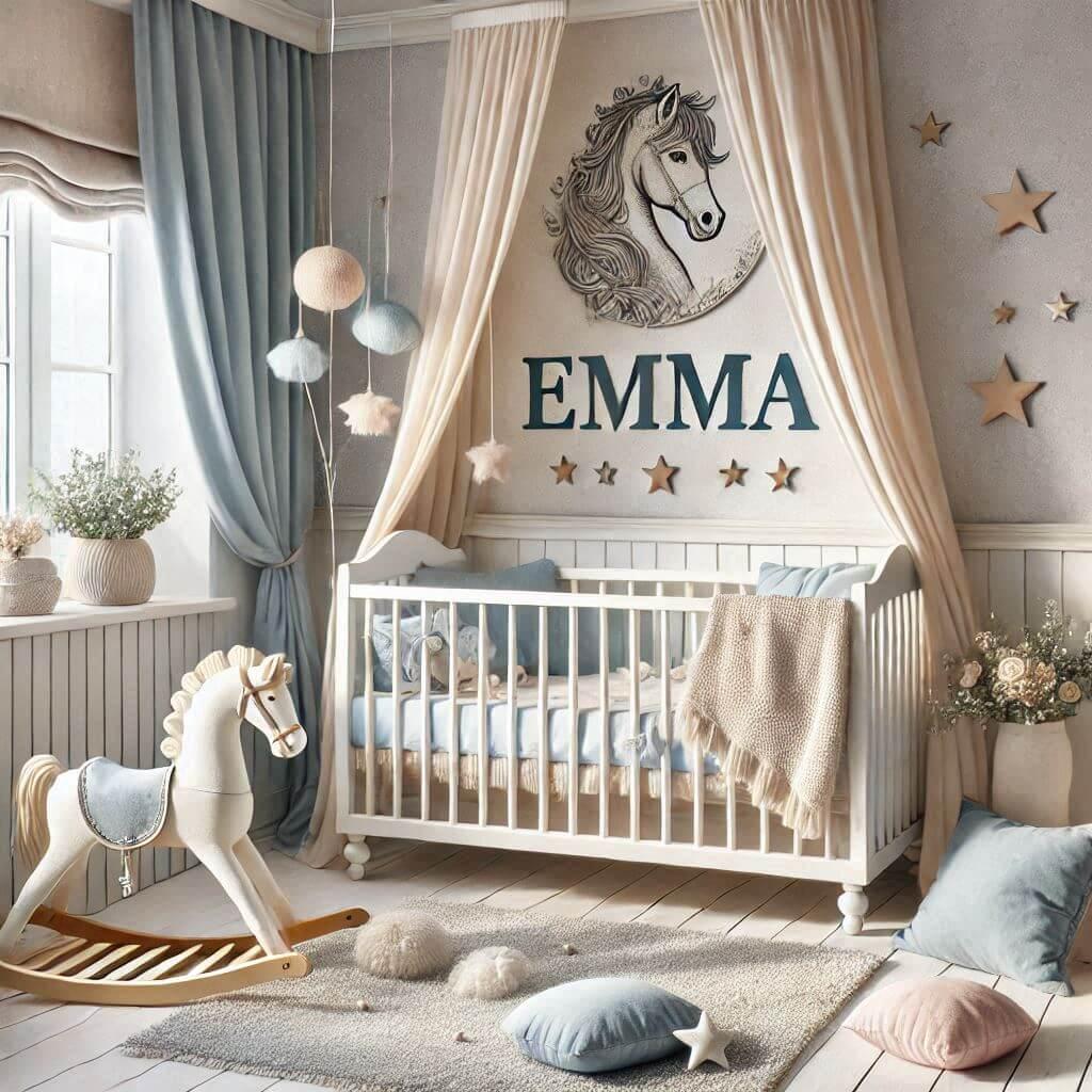 Un theme deco pour une chambre de bebe fille portant le prenom emma the equitation bleu pastel le blanc et le beige des rideaux legers des coussins moelleux ciel de lit photo reali