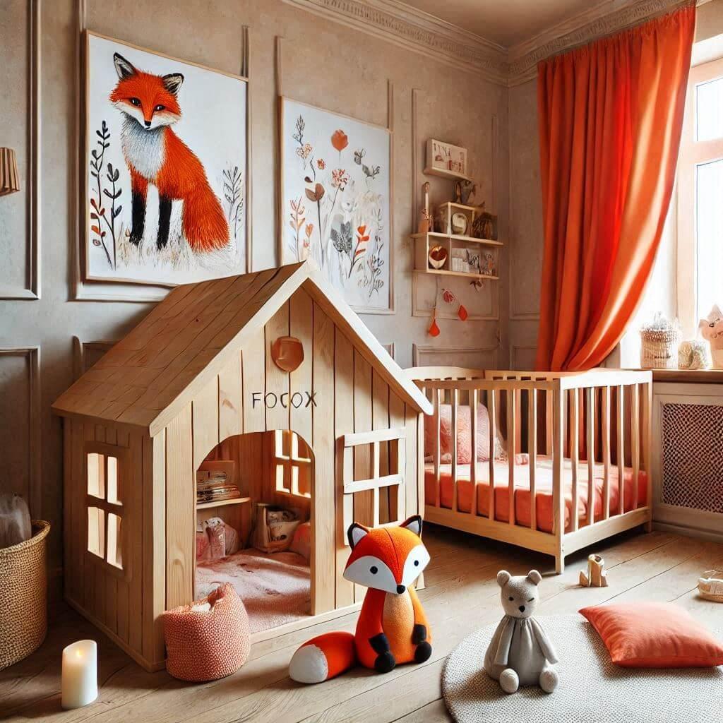 Un theme deco pour une chambre de bebe fille portant le prenom margot theme renard meuble cube lit cabane en forme de petite maison avec des rideaux orange 1