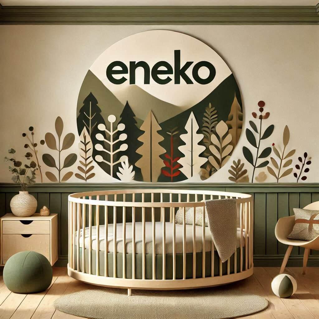 Un theme deco pour une chambre de bebe portant le prenom eneko avec un lit rond inspire de la nature basque utilisant des teintes naturelles comme le vert olive le bois clair et de