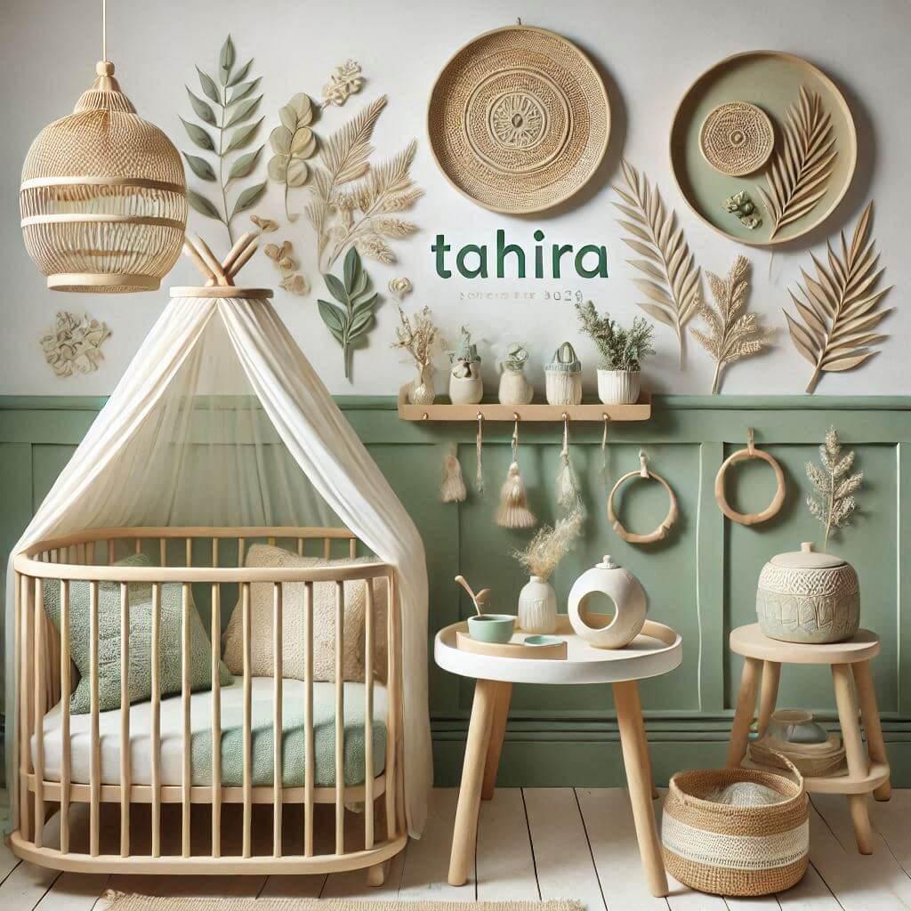 Un theme deco pour une chambre de bebe portant le prenom tahira inspire de la purete et de la nature avec des couleurs apaisantes comme le vert sauge le blanc nacre et des touches