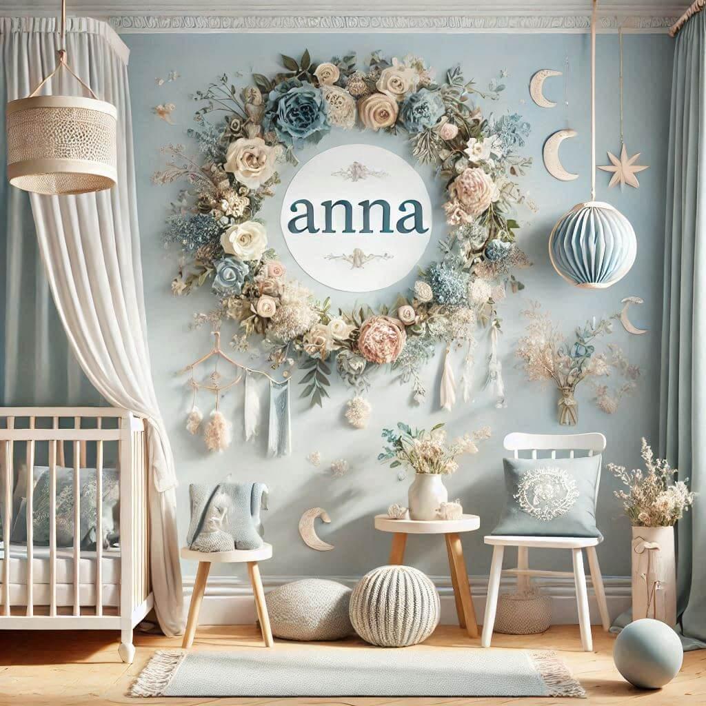 Joli theme deco pour une chambre de petite fille portant le prenom anna inspire de lelegance et de la serenite avec des couleurs douces comme le bleu pastel le blanc