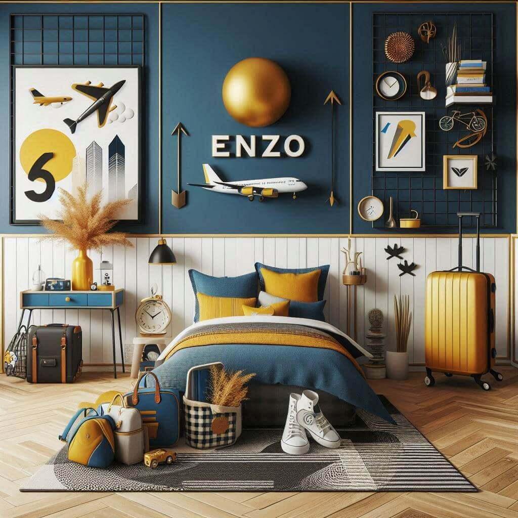 Un theme deco pour une chambre denfant portant le prenom enzo inspire de lenergie dynamique et du style contemporain avec des teintes de bleu electrique de jaune moutarde et de bla