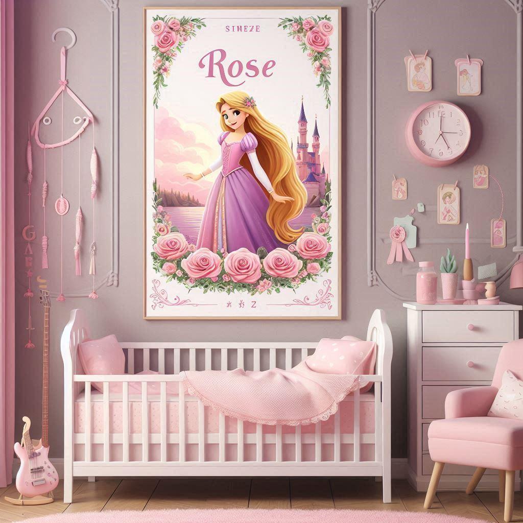 Une affiche de chambre de enfant avec le prenom rose vue de la chambre couleur douce theme princesse raiponce