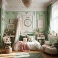 Une autre chambre de petite fille avec des tons verts et blancs et rose antique style boho chic avec ecrit sur le mur jade