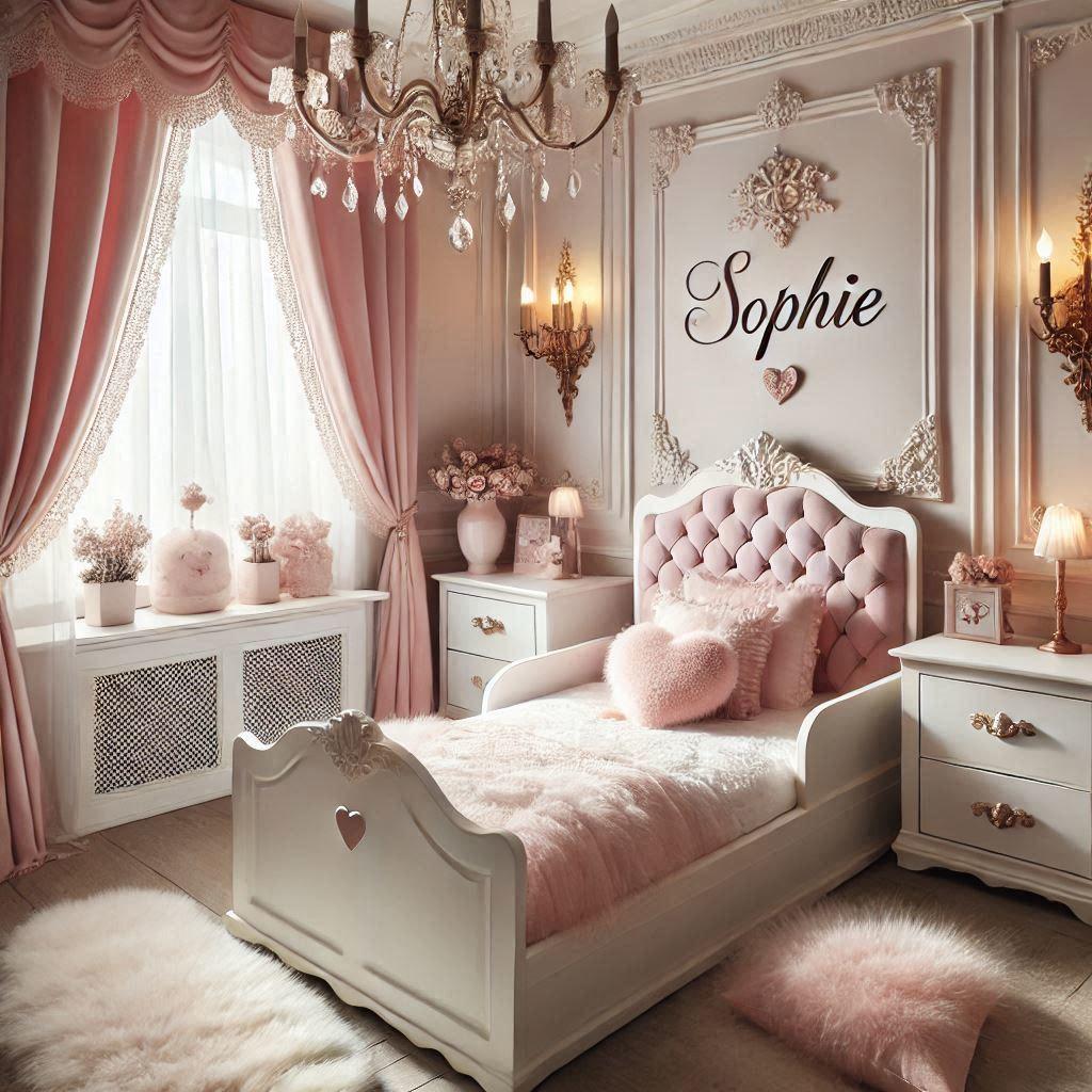 Une belle chambre de bebe fille avec des voilages rose poudre blanc tres elegant et epure theme de louis xiv avec le prenom sophie lit a barreaux avec des tiroirs dessous tapis en