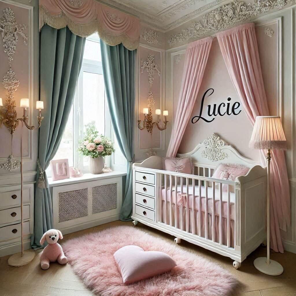 Une belle chambre de bebe fille avec des voilages rose poudre blanc vert d eau tres elegant et epure theme versailles avec le prenom lucie lit a barreaux avec des tiroirs dessous t