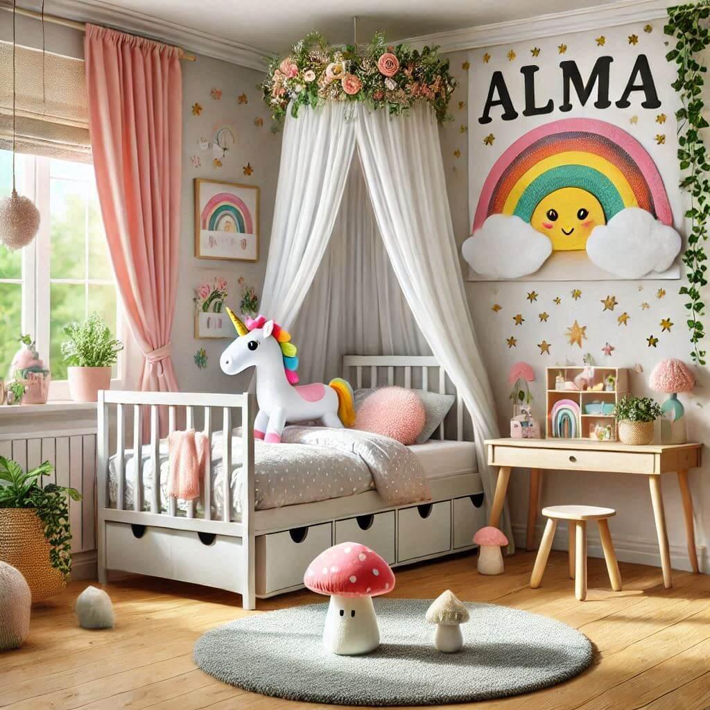 prenom alma, chambre bebe fille, decoration arc en ciel