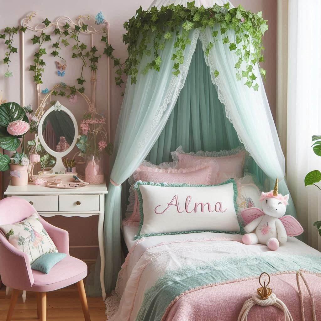 Une belle chambre de bebe fille avec le prenom alma sur le theme des contes et legendes avec un ciel de lit vert d eau et rose pale du lierre une peluche fee une peluche licorne le