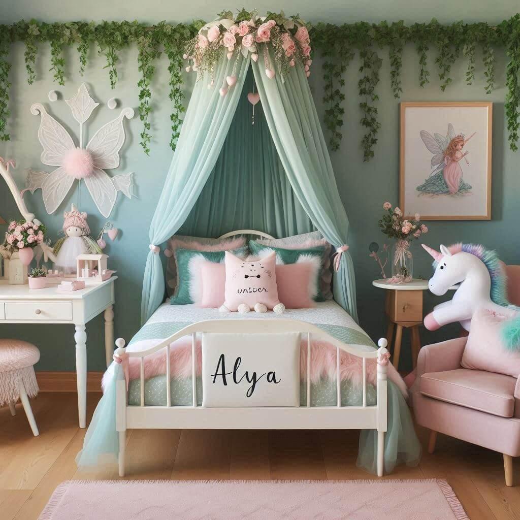 belle chambre de petite fille sur le theme princesse de la foret, prénom alya