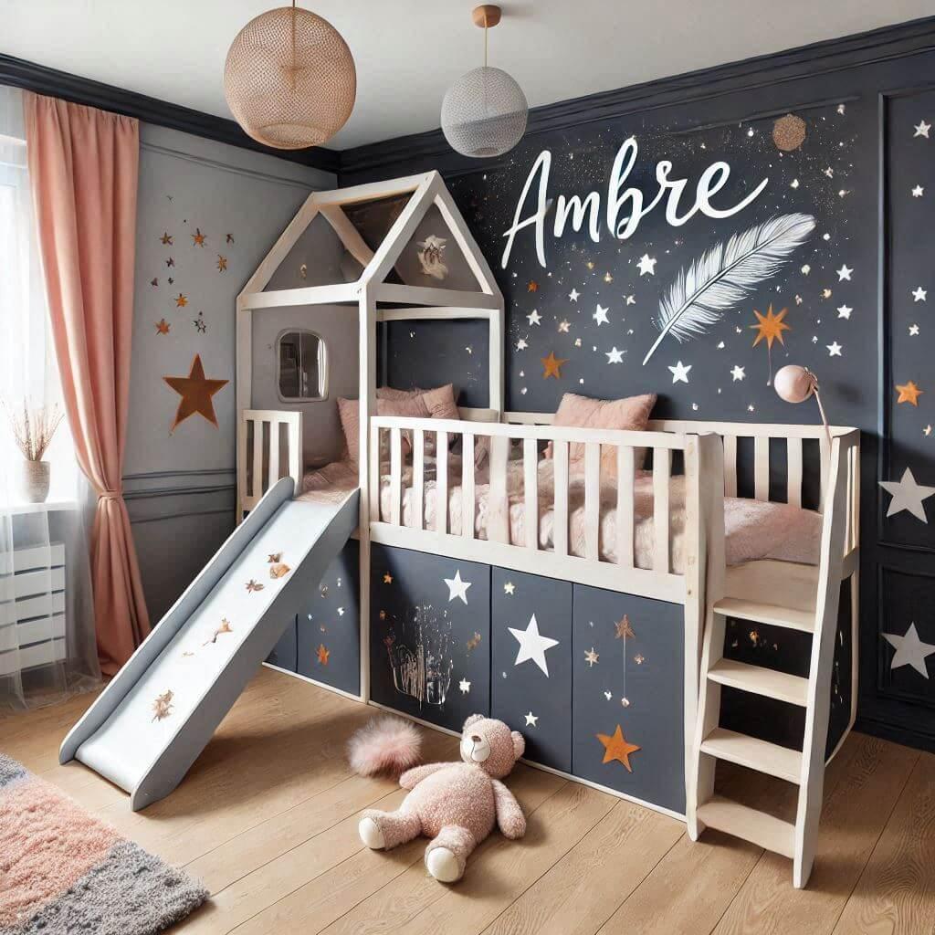 Une belle chambre de bebe fille avec le prenom ambre theme nuit etoilee lit cabane avec un tobogan couleur bleu nuit gris rose pastel