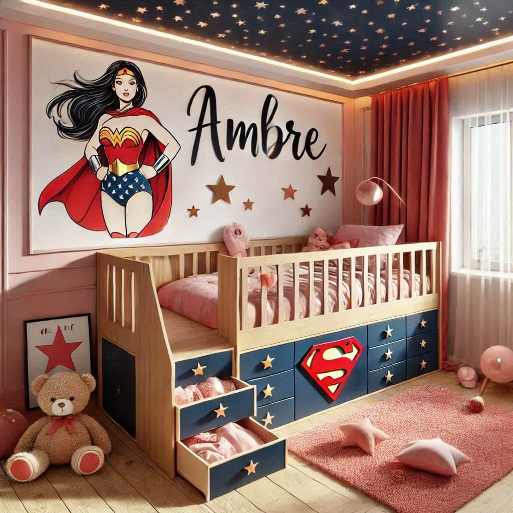 Une belle chambre de bebe fille avec le prenom ambre theme superwoman lit cabane avec des tiroirs et un tobogan