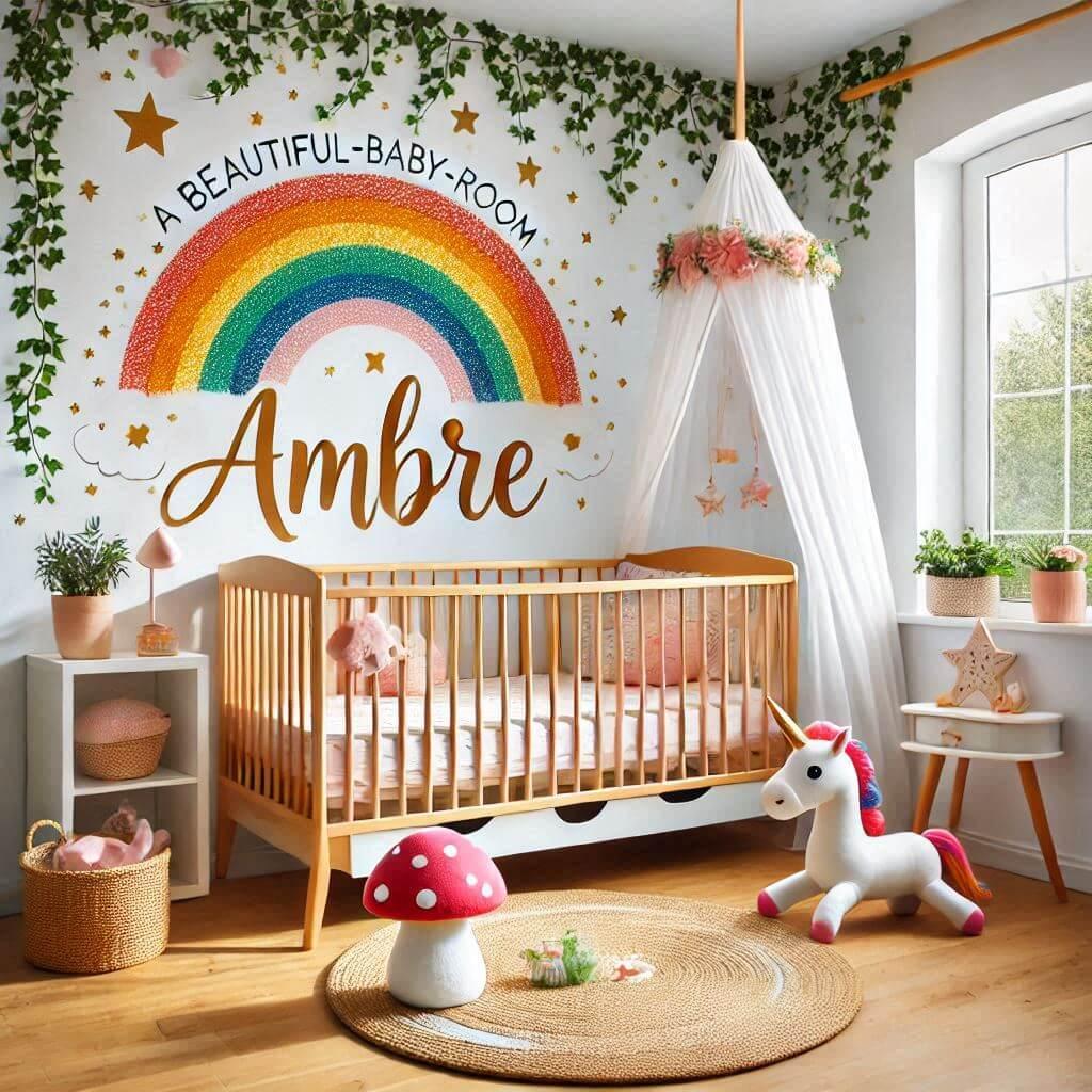 Une belle chambre de bebe fille avec le prenom ambre theme arc en ciel