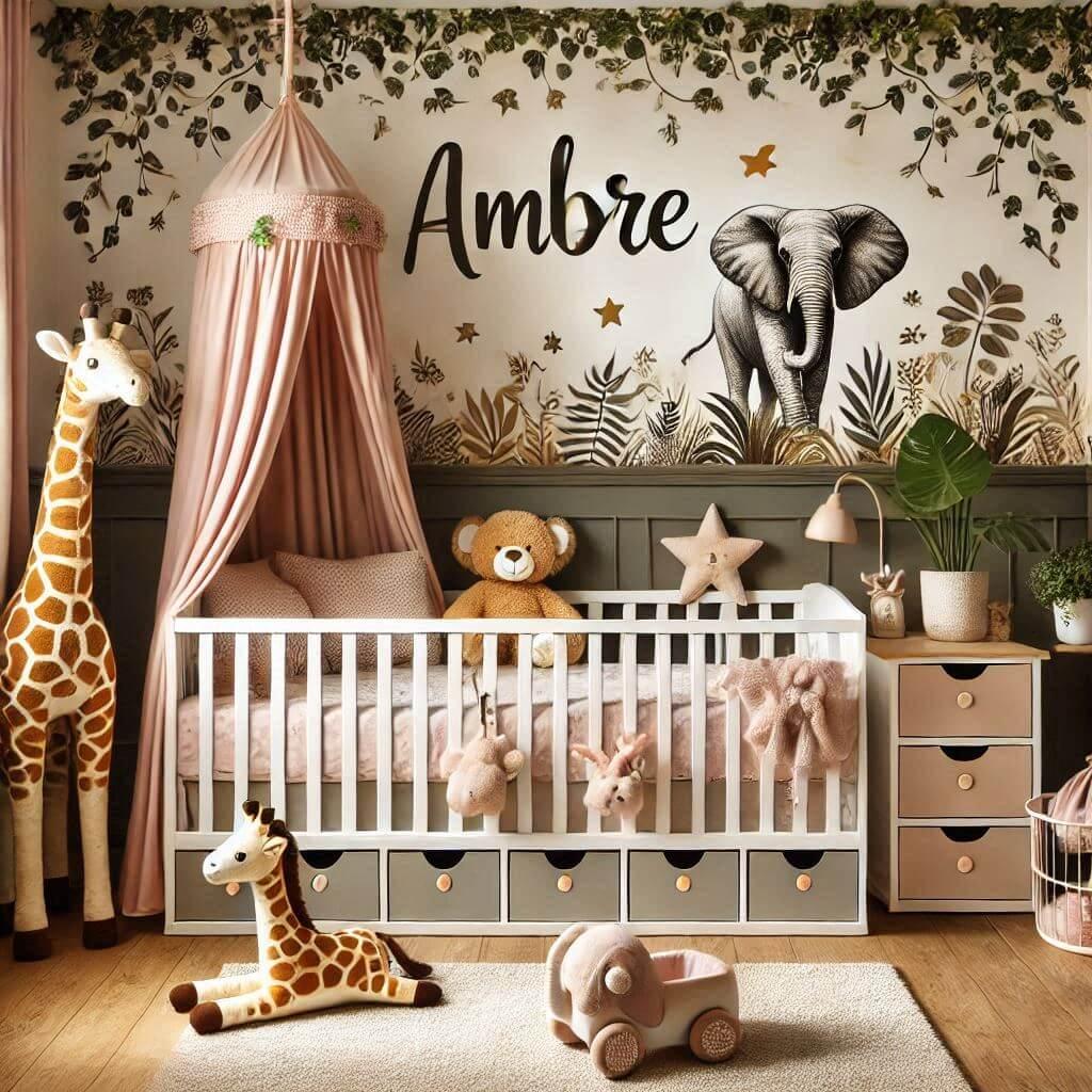 Une belle chambre de bebe fille avec le prenom ambre theme tapisserie jungle lit avec tiroirs