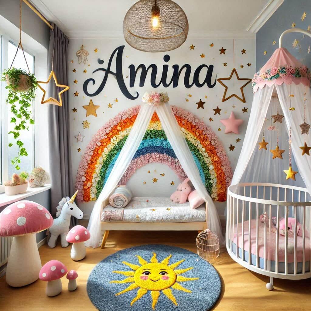 Une belle chambre de bebe fille avec le prenom amina en francais sur le mur theme tapisserie arc en ciel