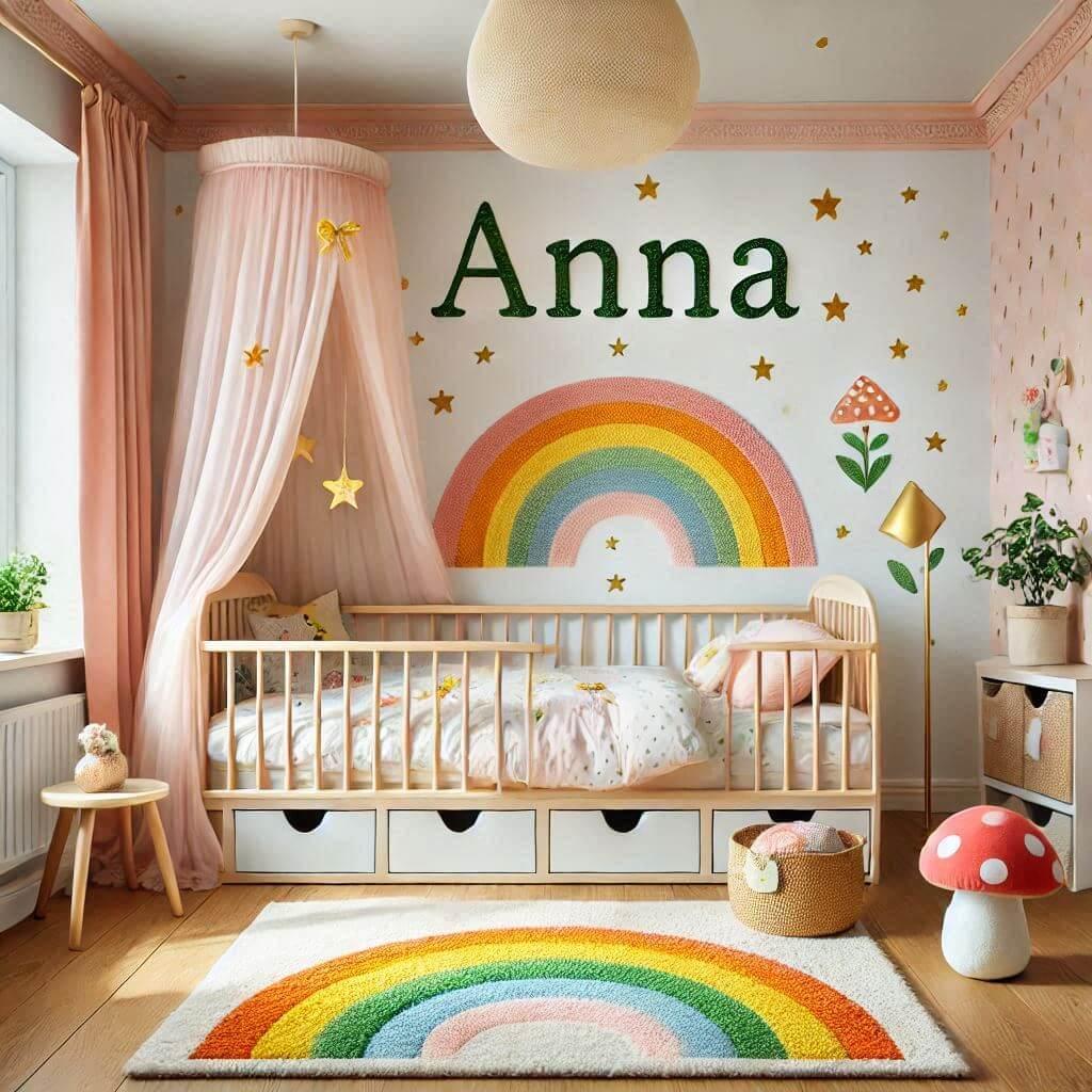 Une belle chambre de bebe fille avec le prenom anna, theme arc en ciel