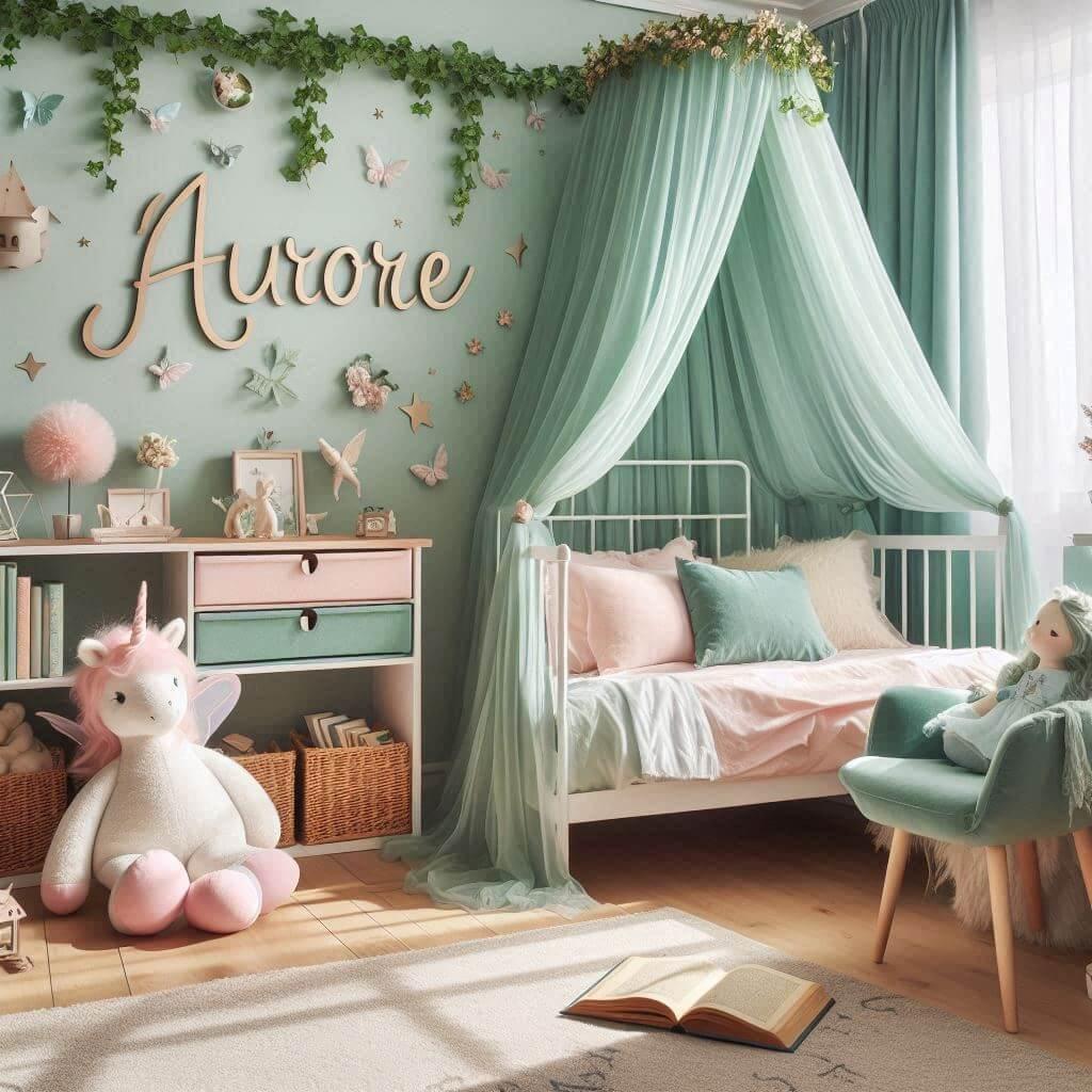 Une belle chambre de bebe fille avec le prenom aurore sur le theme des contes et legendes