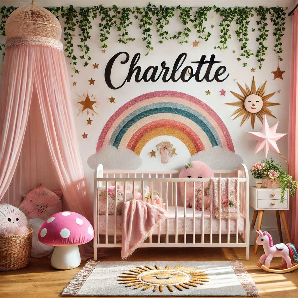 Une belle chambre de bebe fille avec le prenom charlotte en francais sur le mur theme tapisserie arc en ciel tapis de soleil ciel de lit peluche champignon rose sur le tapis peluch