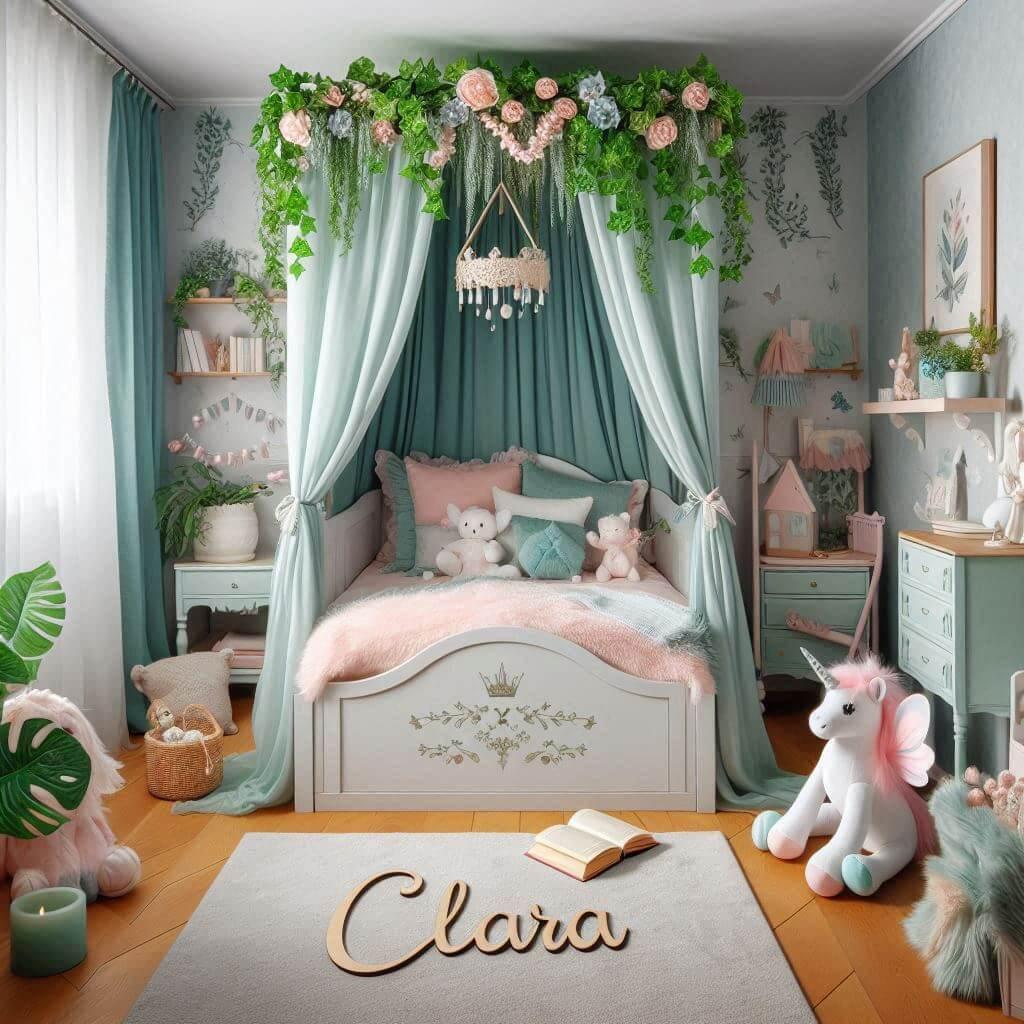 Une belle chambre de bebe fille avec le prenom clara sur le theme des contes et legendes avec un ciel de lit