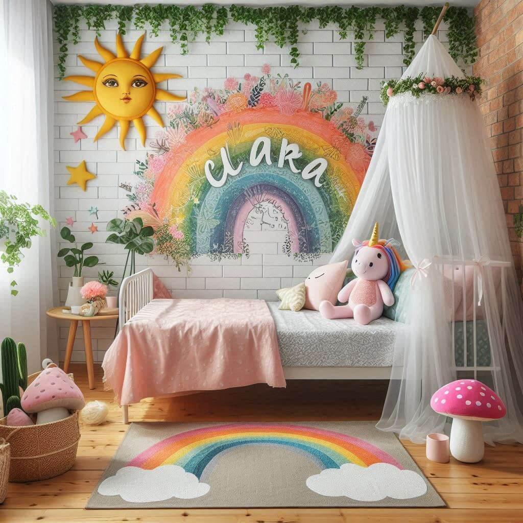 Une belle chambre de bebe fille avec le prenom clara sur le mur theme tapisserie arc en ciel