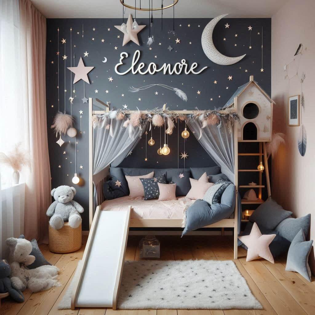 Une belle chambre de bebe fille avec le prenom eleonore ecrit a la francaise theme nuit etoilee lit cabane avec un tobogan couleur bleu nuit gris rose pastel et blanc avec des etoi