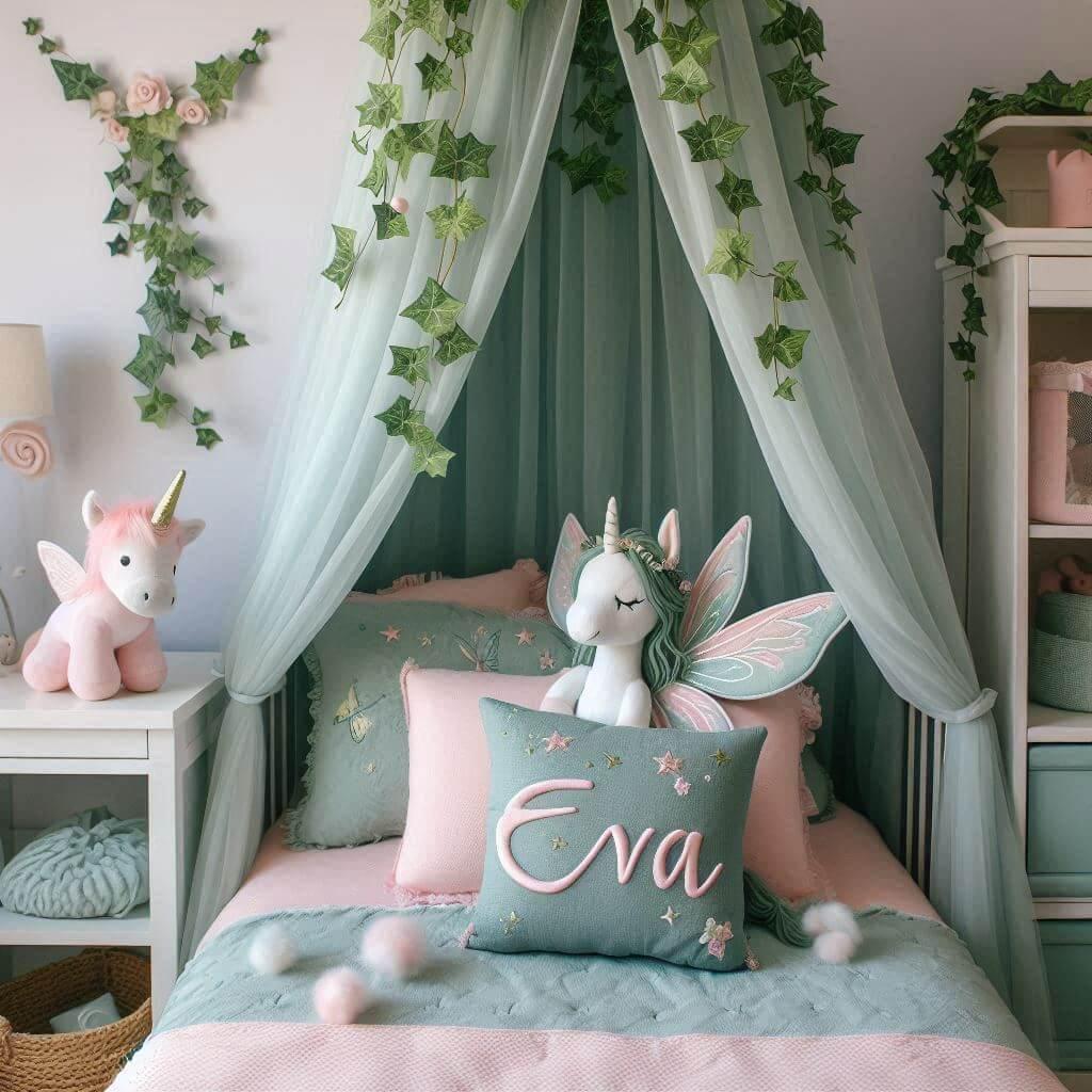 Une belle chambre de bebe fille avec le prenom eva sur le theme des contes et legendes avec un ciel de lit vert d eau et rose pale du lierre une peluche fee une peluche licorne le