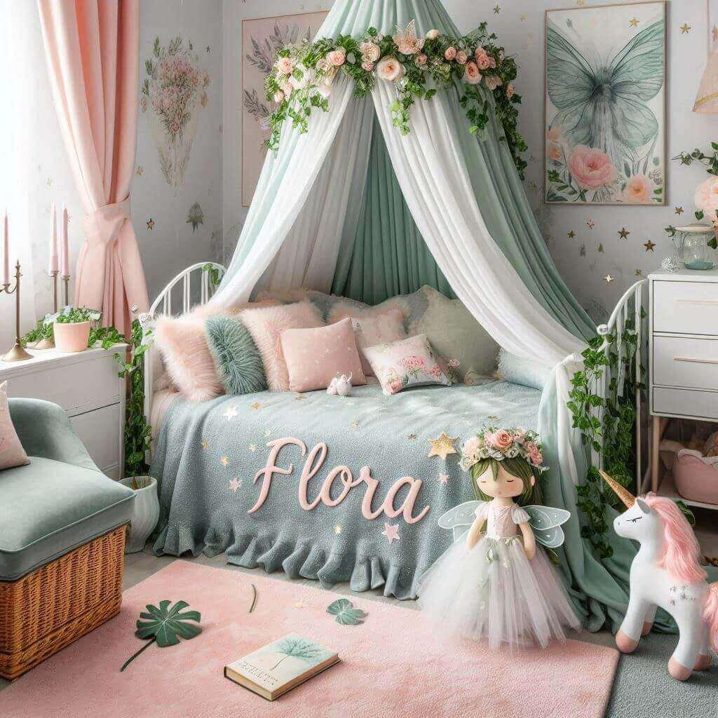 Une belle chambre de bebe fille avec le prenom flora sur le theme des contes et legendes avec un ciel de lit vert d eau et rose pale du lierre une peluche fee