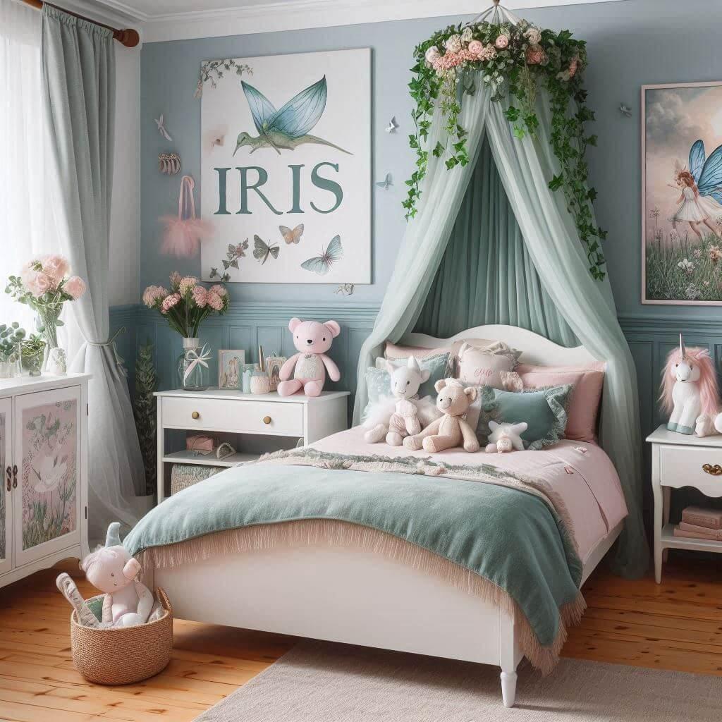 Une belle chambre de bebe fille avec le prenom iris ecrit a la francaise sur le theme des contes et legendes avec un ciel de lit vert d eau et rose pale du lierre une peluche fee u