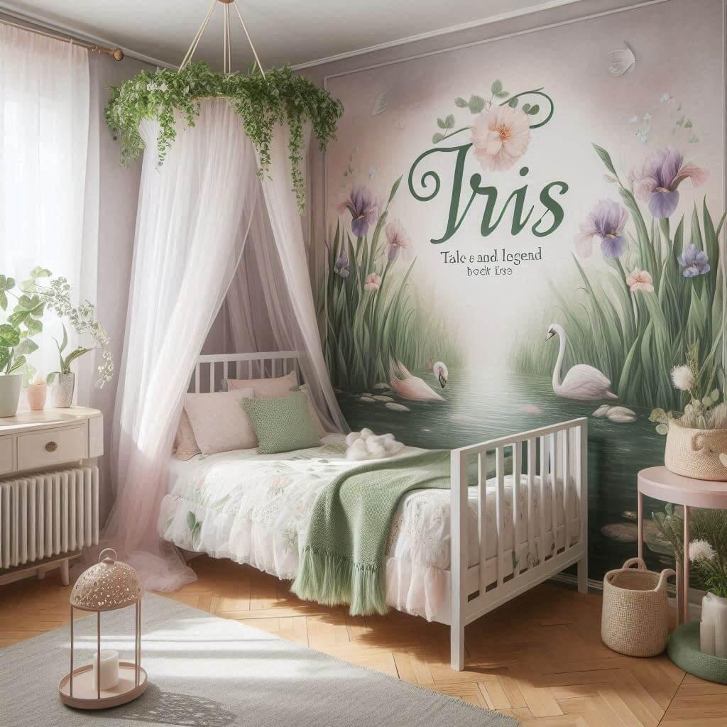 Une belle chambre de bebe fille avec le prenom iris ecrit a la francaise theme conte et legende ciel de lit vert d eau et rose pale lierre