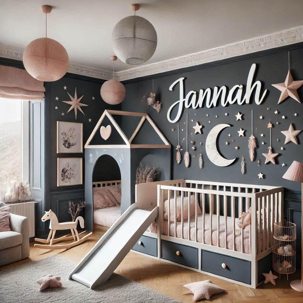 Chambre de bébé fille avec prénom Jannah écrit à la française, thème nuit étoilée, lit cabane avec toboggan, couleurs bleu nuit, gris, rose pastel et blanc, décorée d'étoiles.